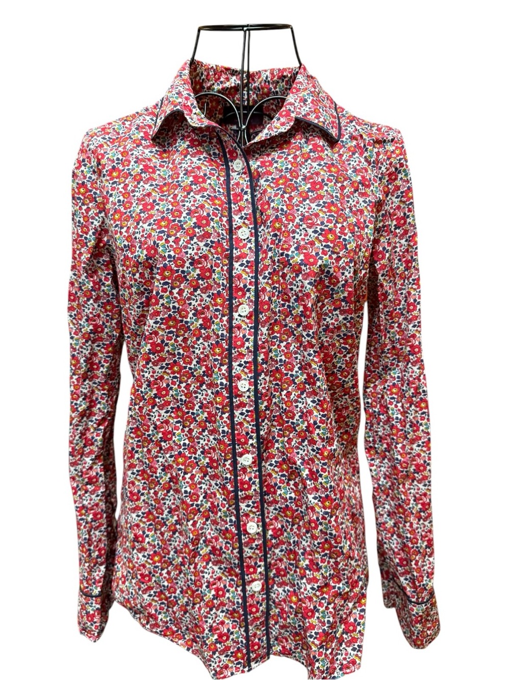 Liberty London x J. Crew Red Floral Button-Down Shirt  Black Piping Preppy - Picture 5 of 10